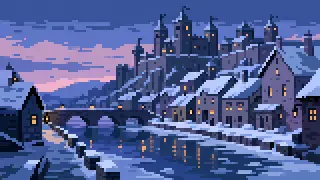 Pixel-art imaginary snowy castle-town scene with roofs and water