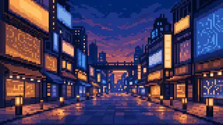 Pixel-art imaginary electronics district with an elevated railway silhouette in indigo and amber
