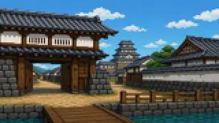 Pixel-art imaginary scene of From founding lord Hoshina Masayuki's code of loyalty to Matsudaira Katamori's Kyoto post and the 1868 Aizu War, with sources
