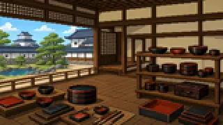 Pixel-art imaginary scene of Aizu lacquerware and Aizu cotton both trace to Sengoku-era lord Gamo Ujisato's push to build local industry, explained with sources