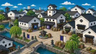 Pixel-art imaginary scene of Aizuwakamatsu city is home to a cluster of sake breweries