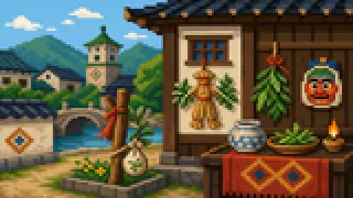 Pixel-art imaginary scene of Akabeko, the red-cow folk toy, has more than one origin legend and none is settled fact