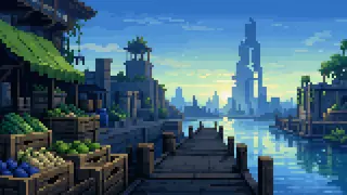 Pixel-art imaginary scene of Before Electric Town, Akihabara grew through river transport and a produce market