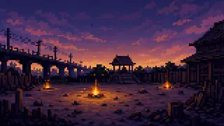 Pixel-art imaginary scene of Why is Akihabara called Akiba? Trace the name through a firebreak, Akiba Shrine, and the railway station that spread it nationwide
