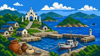 陶石・窯・港町のリズムを描いた架空のドット絵風景