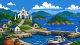 海辺の集落と信仰の灯りを描いた架空のドット絵風景