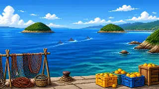 海面とイルカの航跡を描いた架空のドット絵風景