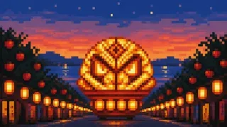 七夕祭りの灯籠流しの変形を描いた架空のドット絵風景