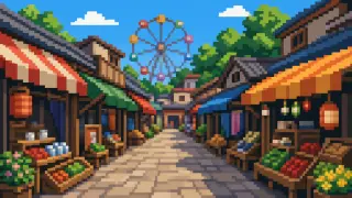 Pixel-art imaginary scene of Explore Asakusa's entertainment and skilled work, from Hanayashiki and rakugo to geisha arts, Edo Kiriko, and Kappabashi kitchen tools