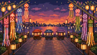Pixel-art imaginary scene of Discover Asakusa by the Sumida River through its park, bridges, summer fireworks, water buses, and seasonal riverside traditions