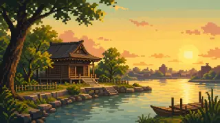Pixel-art imaginary scene of Meet the three founders at Asakusa Shrine and learn how the Sanja Festival carries their story through town with dance and portable shrines