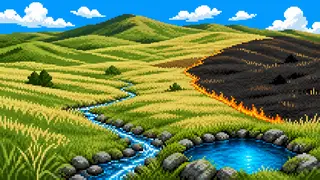 草原の火入れと湧水の流れを描いた架空のドット絵風景