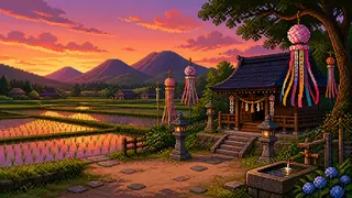 農耕祭事と季節の田を描いた架空のドット絵風景