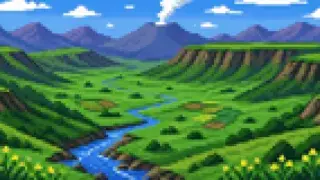 火山観測と避難地図の記号を描いた架空のドット絵風景