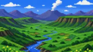 カルデラと草原の見晴らしを描いた架空のドット絵風景