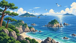 Original pixel-art landscape illustrating Hagi and Nagato: coasts and islands