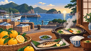 Original pixel-art landscape illustrating Hagi and Nagato: food and daily life