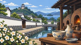 Original pixel-art landscape illustrating Hagi: history and crafts