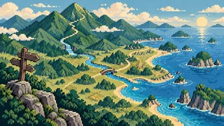Original pixel-art landscape illustrating Hagi and Nagato: place names and local names