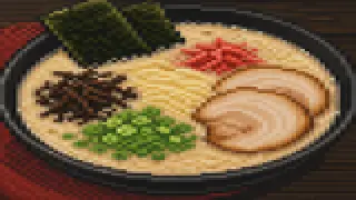 Pixel-art imaginary scene of Tonkotsu ramen with kaedama, spicy mentaiko, motsunabe, mizutaki — Hakata signature dishes explained with characteristics and origins