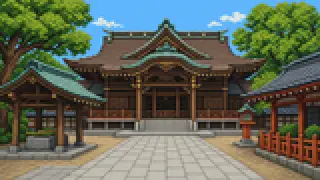 Pixel-art imaginary scene of Kushida Shrine, Tochoji and its great Buddha, Shofukuji the first Zen temple — Hakata sacred sites and their highlights explained
