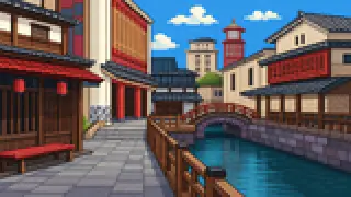 Pixel-art imaginary scene of "Hakatakko" means someone from Hakata — the merchant town facing castle-town Fukuoka across the Naka River, and the spellings