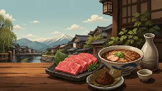 飛騨牛(ひだぎゅう)を描いた架空のドット絵風景
