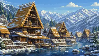 白川郷・五箇山の合掌造り集落を描いた架空のドット絵風景