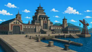 Pixel-art imaginary scene of Kure, the naval-port town that built the battleship Yamato