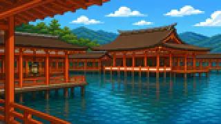 Pixel-art imaginary scene of Famous for over-water halls and a imaginary waterfront structures, Miyajima is a World Heritage site