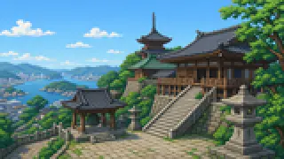 Pixel-art imaginary scene of A port town where slopes and alleys form a maze