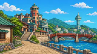 Pixel-art imaginary scene of "Hiroshimakko": someone from Hiroshima — a name said to be coined by Mori Terumoto, with its two origin theories and the Ota delta
