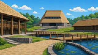 Pixel-art imaginary scene of Upopoy, chise, kamuy, yukar
