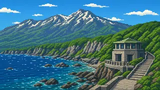 Pixel-art imaginary scene of Shiretoko, Daisetsuzan, Lake Mashu, Kushiro Marsh, Okhotsk drift ice: a guide to Hokkaido's vast nature, by highlight and character