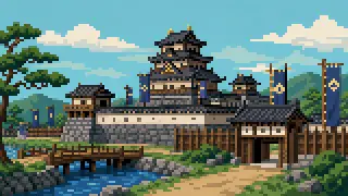 Pixel-art imaginary scene of Koga Kubo, Yuki silk, and reclaimed-land naming patterns behind western Ibaraki hard-to-read place names, across nine Kensei municipalities