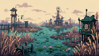 Pixel-art imaginary scene of Takasai, Mitsukaidou, Shimeba, Kinu: nine Kensei place names, sorted into confirmed origins and unconfirmed ones