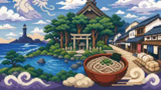 Pixel-art imaginary scene of A sourced guide to clues from food and craft in Izumo, using Izumo soba as a local clue