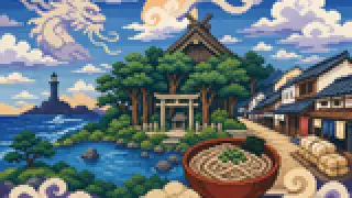 Pixel-art imaginary scene of A sourced guide to reading the city through ports, roads, and slopes in Izumo, using Momen Kaido as a local clue