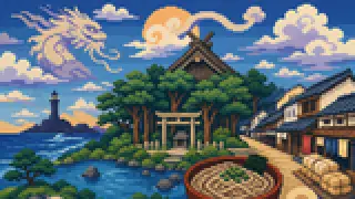 Pixel-art imaginary scene of A sourced guide to where shrines meet memory in Izumo, using Izumo Taisha as a local clue