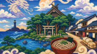 Pixel-art imaginary scene of A sourced guide to walking through local names in Izumo, using Kamiarizuki as a local clue