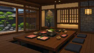 Pixel-art imaginary scene of Kagoshima kurobuta pork, satsuma-age fish cakes, kibinago, and Satsuma shochu: the origins of Kagoshima's signature foods, with sources