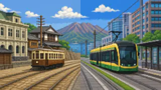 Pixel-art imaginary scene of Japan's southernmost tram and a ferry that runs from 4 a