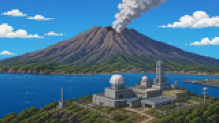 Pixel-art imaginary scene of How did the 1914 eruption turn Sakurajima into a peninsula? Alert levels, ash bags, and daily life beside an active volcano, with sources