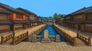Pixel-art imaginary scene of The Higashi, Nishi, and Kazue-machi Chaya Districts were licensed teahouse towns under the Kaga Domain, with sources