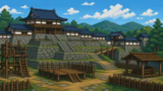 Pixel-art imaginary scene of Kanazawa Castle grew from a fortified temple into the Maeda clan's seat of power