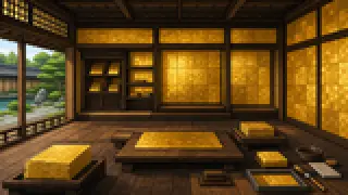 Pixel-art imaginary scene of Gold leaf, Kaga Yuzen, Ohi-yaki, and Kaga Mizuhiki: four crafts still alive in Kanazawa today, with sources