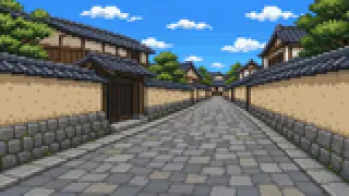 Pixel-art imaginary scene of Nagamachi Samurai District housed Kaga Domain's mid- and upper-rank samurai