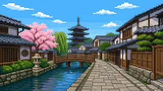 Pixel-art imaginary scene of Kanazawa was once called "Little Kyoto," a label it later dropped