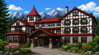 Pixel-art imaginary scene of How Karuizawa's churches, hotels, and villas changed use and owners, from the Former Mikasa Hotel to Raymond's own villa, sourced