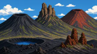 Pixel-art imaginary scene of How Mount Asama's volcanic landforms and highland climate shaped Karuizawa's waterfalls, ponds, and forests, sourced throughout
